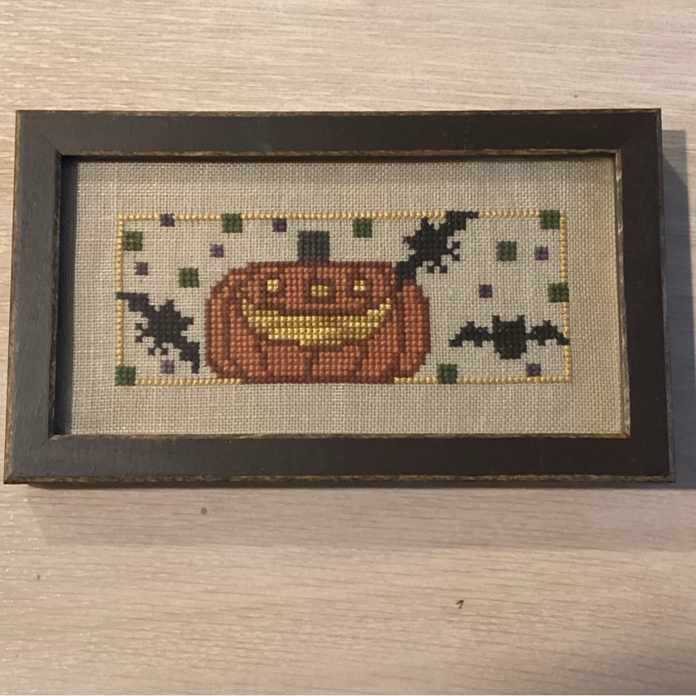 Framed Halloween Pumpkin & Bat Needlepoint